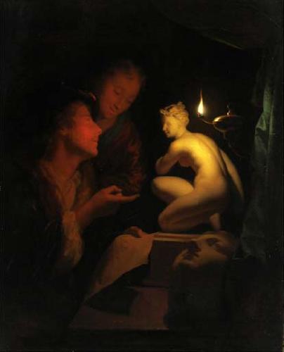 Godfried Schalcken Godfried Schalcken, Two men examining a painting by candlelight oil painting image